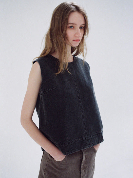 Facade Pattern Denim Sleeveless Top faded black