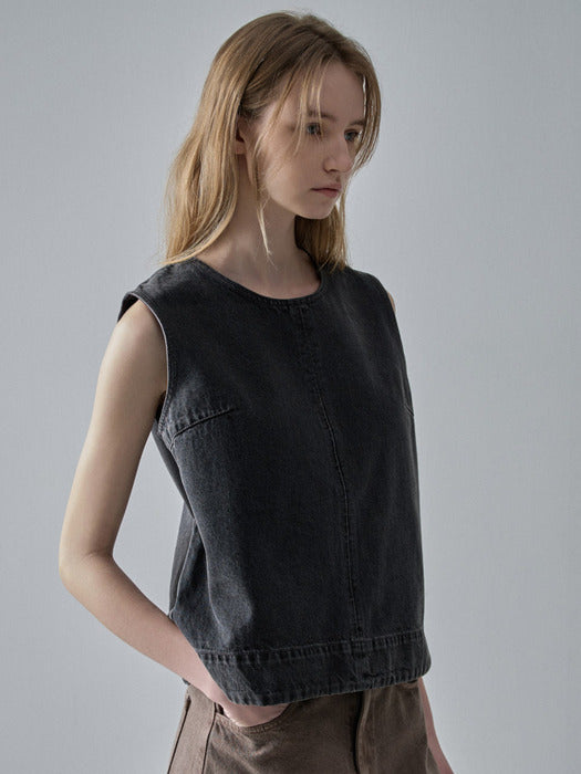 Facade Pattern Denim Sleeveless Top faded black