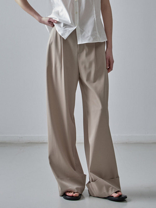 Wide Turn-Up Beige Pants
