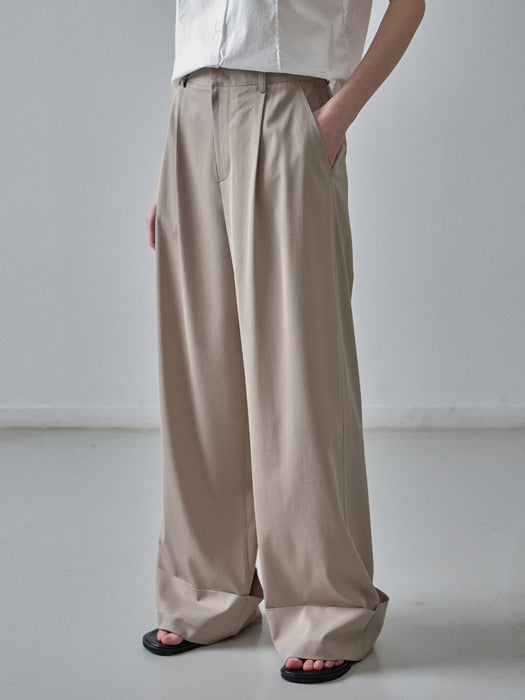 Wide Turn-Up Beige Pants