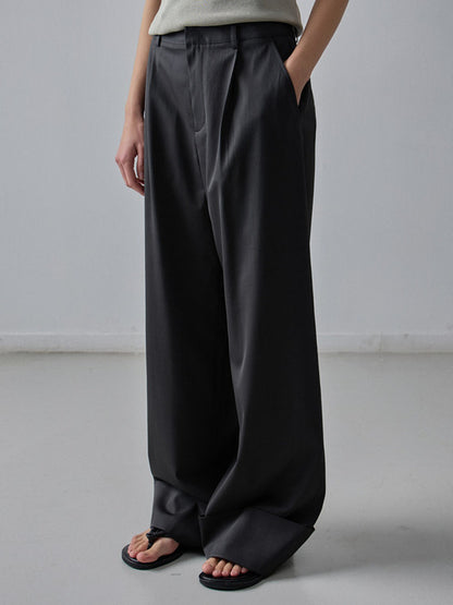 Wide Turn-Up Pants - Dark Charcoal