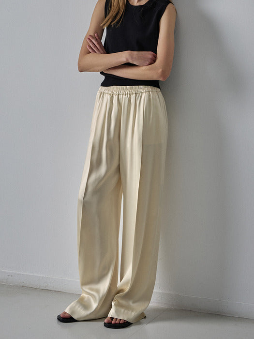 [facade pattern] Wide Silky Banding Pants_ivory