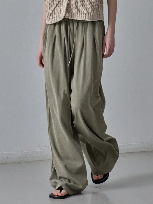 Wide Relax Banded Pants - Khaki Beige