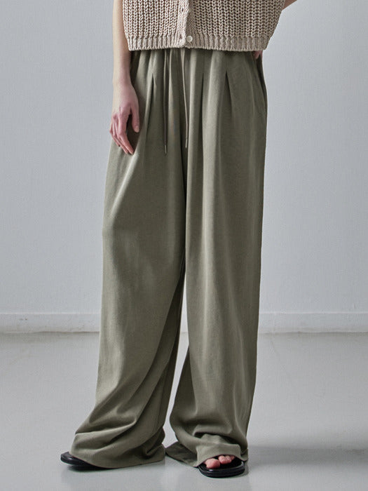 Wide Relax Banded Pants - Khaki Beige