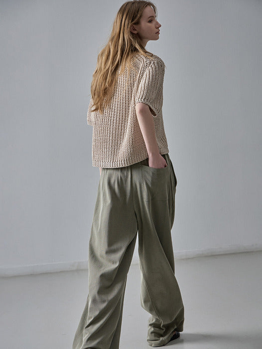 Facade Pattern Wide Relaxed Banding Pants khaki beige
