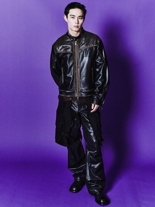 [andersson bell] VINTAGE LEATHER BIKER JACKET awa582m(BLACK)