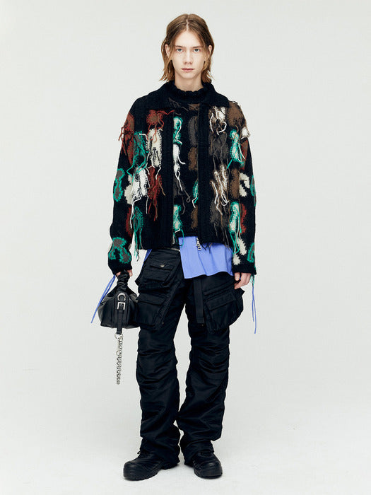 [andersson bell] RAINBOW INTARSIA ZIP-UP CARDIGAN atb1154m(BLACK)
