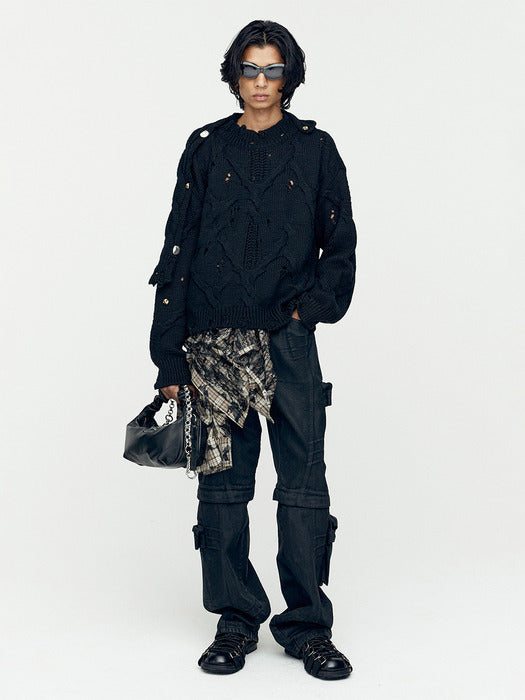 [andersson bell] FISHERMAN BUTTON CREW-NECK SWEATER atb1163m(BLACK)