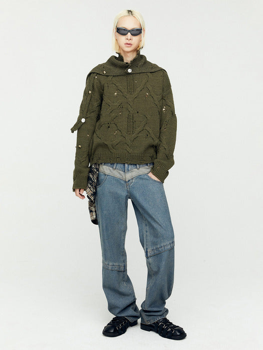 [andersson bell] FISHERMAN BUTTON CREW-NECK SWEATER atb1163m(KHAKI)