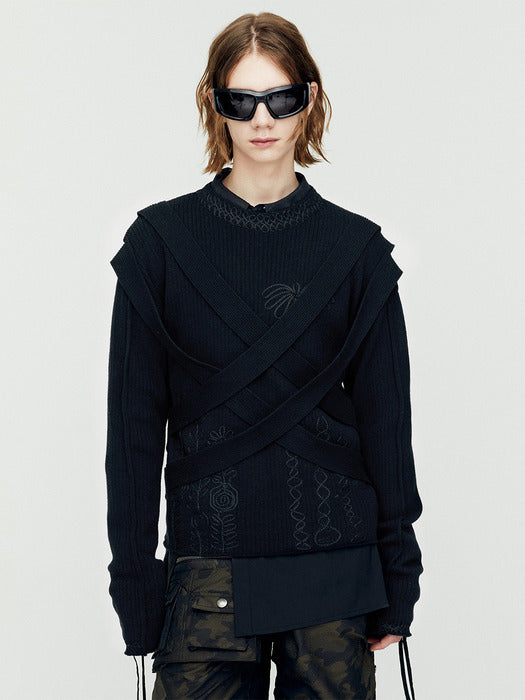 [andersson bell] HARNESS CREW-NECK SWEATER atb1152m(BLACK)