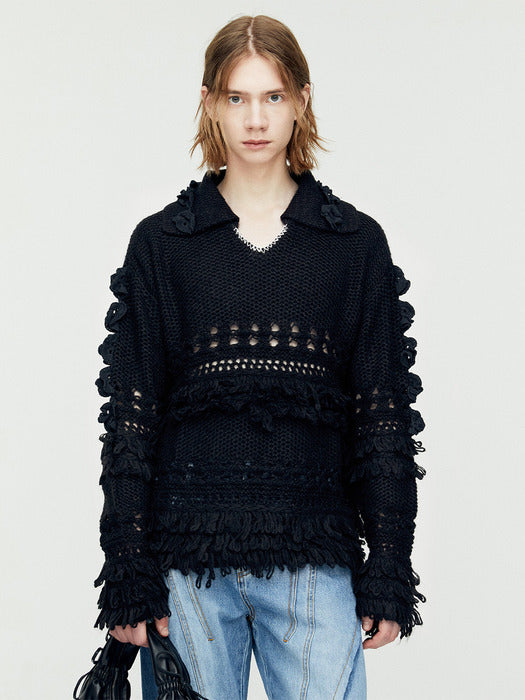 [andersson bell] LOCHES FLOWER POLO SWEATER atb1207m(BLACK)