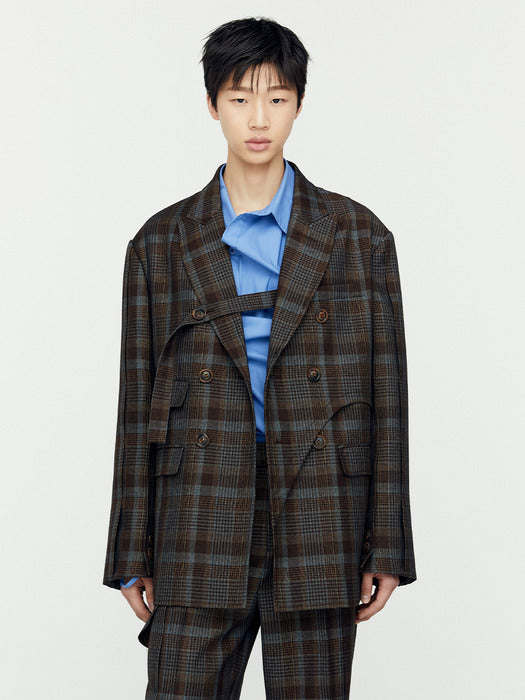 [andersson bell] SOE CHECK WRAP DOUBLE BREASTED JACKET awa628m(BROWN)