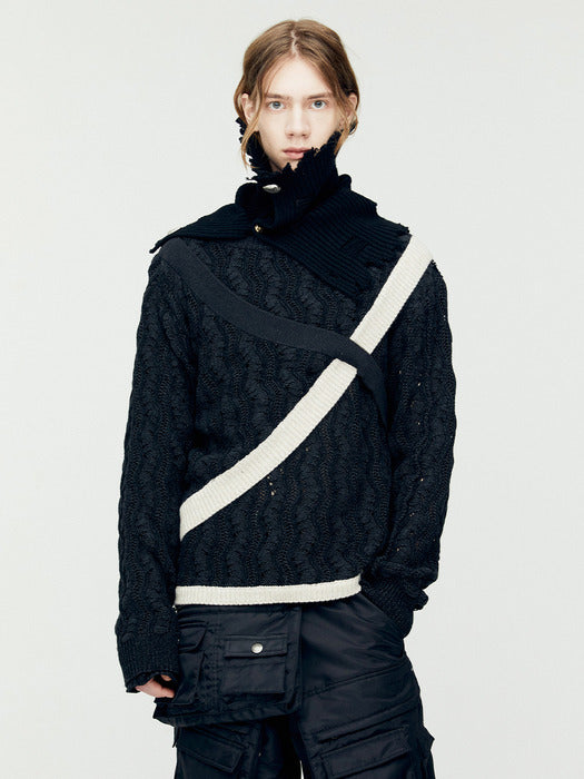 [andersson bell] TWO TONE WAVE CREW-NECK SWEATER atb1160m(BLACK)