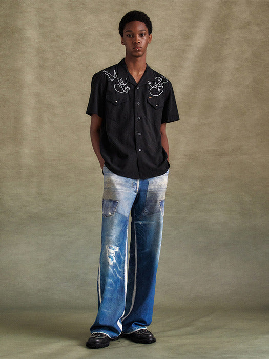 [andersson bell] UNISEX DENIM TROMPE LOEIL MESH PANTS apa828u(BLUE)