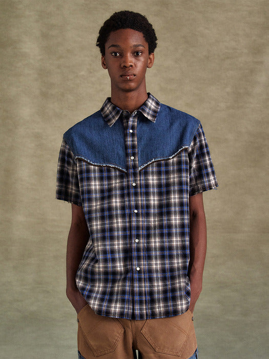 [andersson bell] DENIM & CHECK RAW-CUT SHIRTS atb1283m(BLUE)