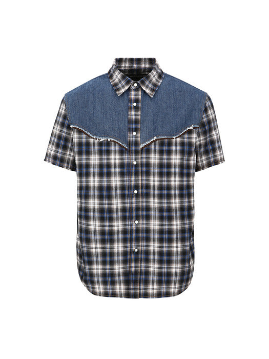 [andersson bell] DENIM & CHECK RAW-CUT SHIRTS atb1283m(BLUE)