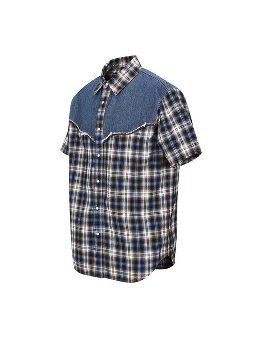 [andersson bell] DENIM & CHECK RAW-CUT SHIRTS atb1283m(BLUE)