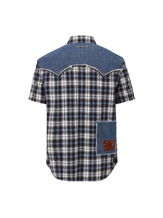 [andersson bell] DENIM & CHECK RAW-CUT SHIRTS atb1283m(BLUE)