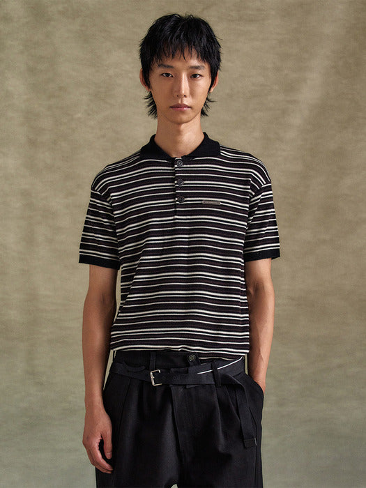 [andersson bell] STRIPE POLO SWEATER atb1286m(BLACK/BROWN)