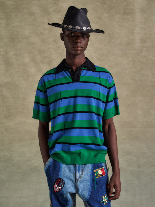 [andersson bell] DAMAGED STRIPE POLO SWEATER atb1242m(BLUE/GREEN/BLACK)