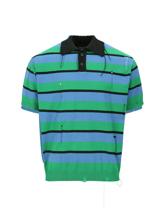 [andersson bell] DAMAGED STRIPE POLO SWEATER atb1242m(BLUE/GREEN/BLACK)