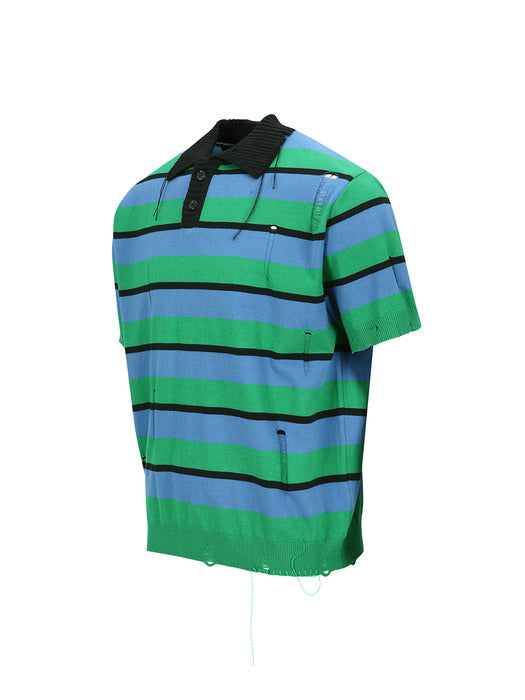 [andersson bell] DAMAGED STRIPE POLO SWEATER atb1242m(BLUE/GREEN/BLACK)