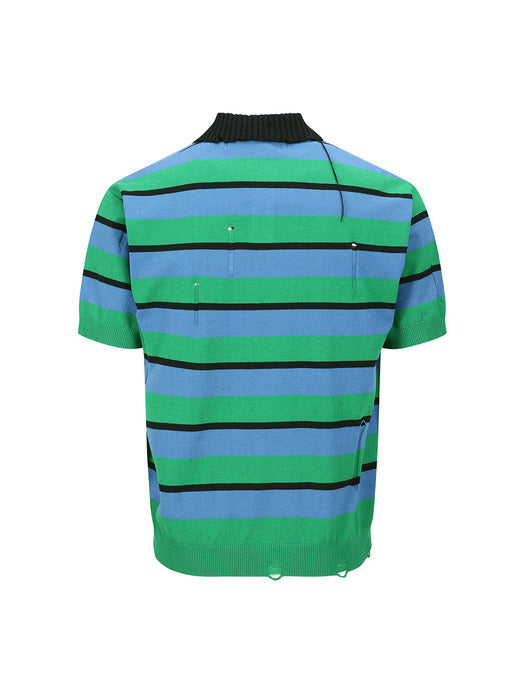 [andersson bell] DAMAGED STRIPE POLO SWEATER atb1242m(BLUE/GREEN/BLACK)