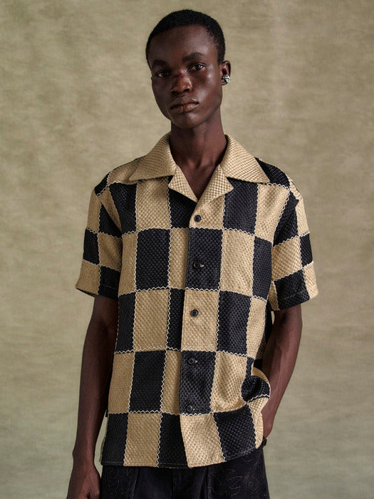 [andersson bell] PATCHWORK OPEN COLLAR SHIRTS atb1233m(BLACK/BEIGE)