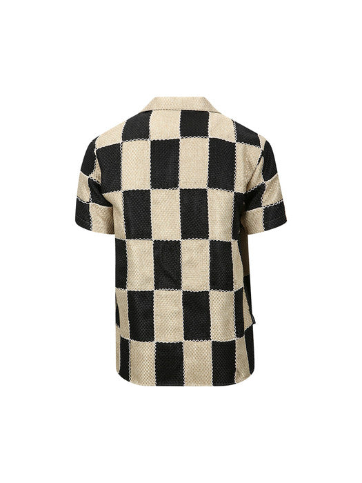 [andersson bell] PATCHWORK OPEN COLLAR SHIRTS atb1233m(BLACK/BEIGE)