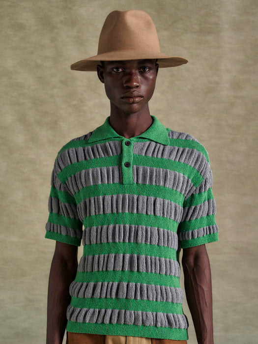 BUBBLE STRIPE POLO SWEATER atb1246m(GREY/GREEN)