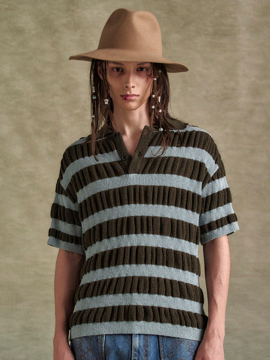 [andersson bell] BUBBLE STRIPE POLO SWEATER atb1246m(BROWN/MINT)