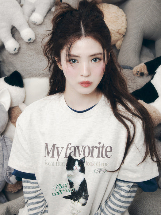 [MY 티셔츠] Oversized Cat T-Shirt - Melange