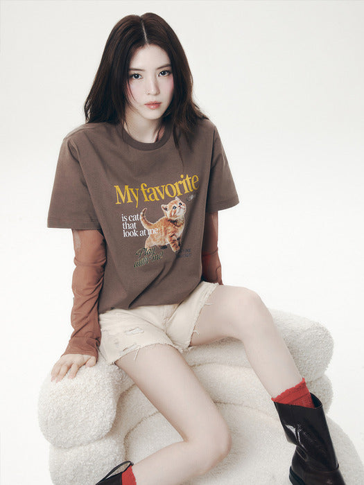 [MY 티셔츠] Oversized Cat T-Shirt - Brown
