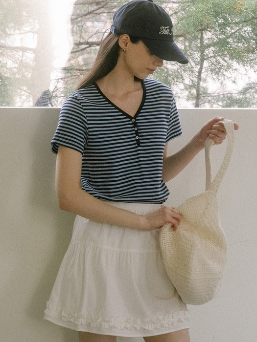 [TILLIDIE] Neck line stripe cotton t-shirt TISU03TS18_Sky blue