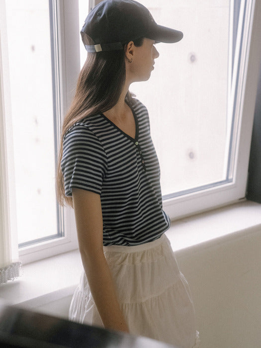 [TILLIDIE] Neck line stripe cotton t-shirt TISU03TS18_Sky blue