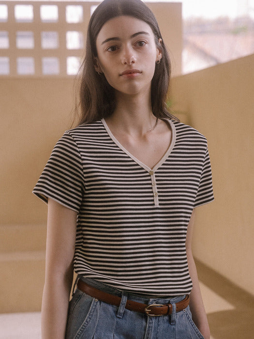 [TILLIDIE] Neck line stripe cotton t-shirt TISU03TS17_Ivory