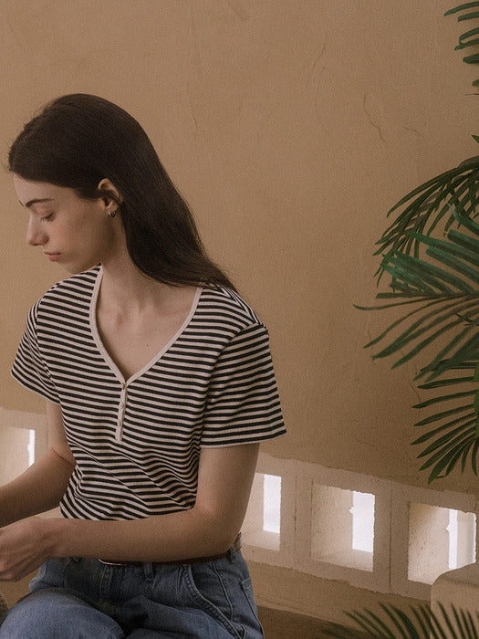 [TILLIDIE] Neck line stripe cotton t-shirt TISU03TS17_Ivory