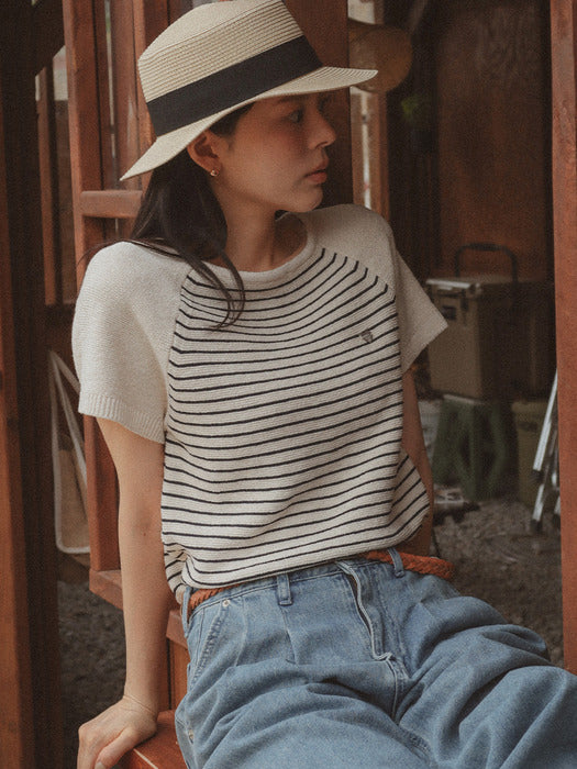 [TILLIDIE] Stripe cotton blended knit TISU03TN01_Ivory