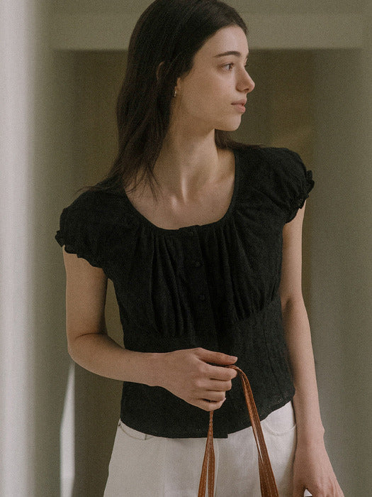 [TILLIDIE] Shirring u-neck blouse TISU03BL13_Black