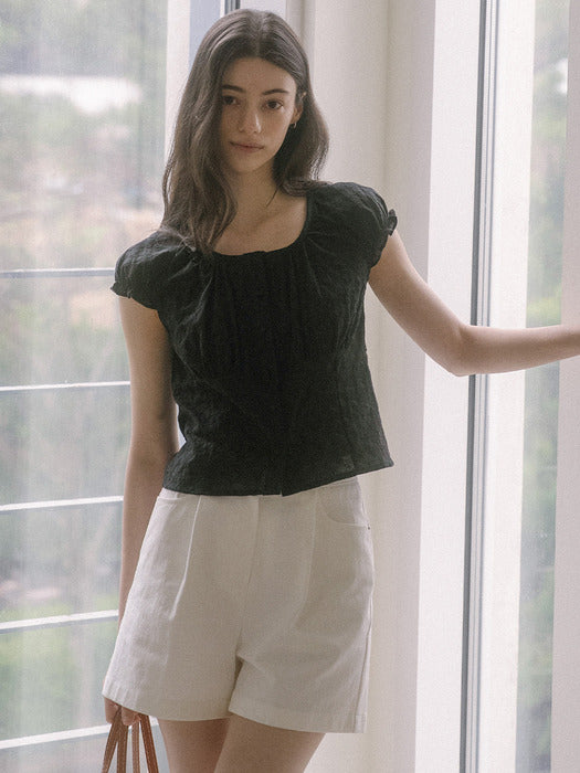 [TILLIDIE] Shirring u-neck blouse TISU03BL13_Black