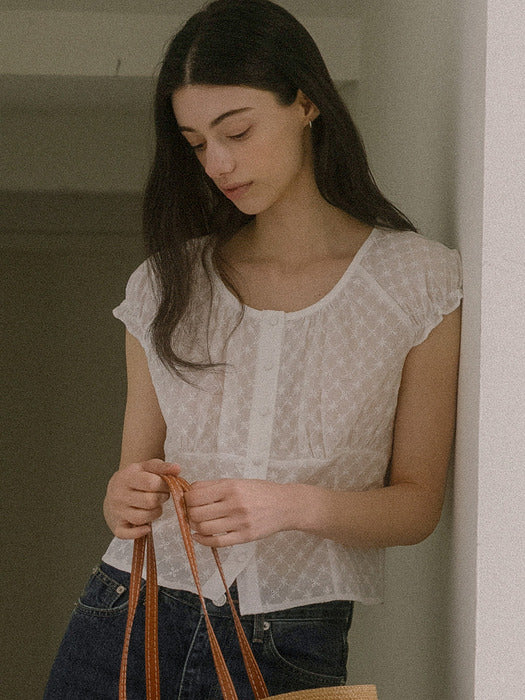 [TILLIDIE] Shirring u-neck blouse TISU03BL12_Ivory