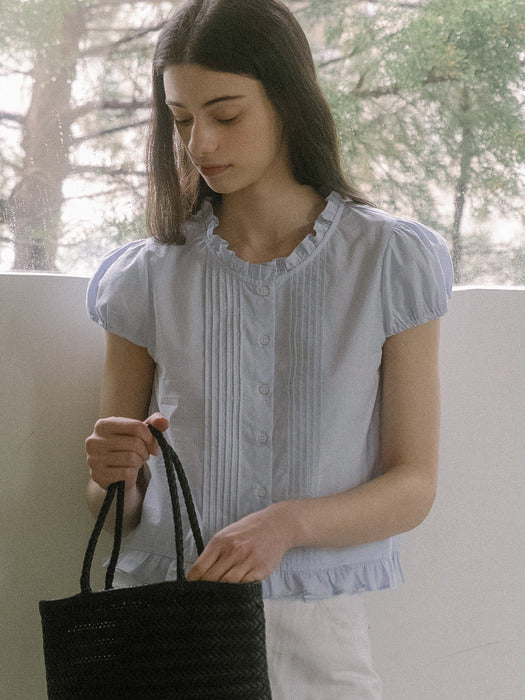 [TILLIDIE] Frill pintuck blouse TISU03BL11_Sky blue