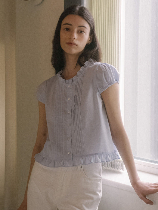 [TILLIDIE] Frill pintuck blouse TISU03BL11_Sky blue