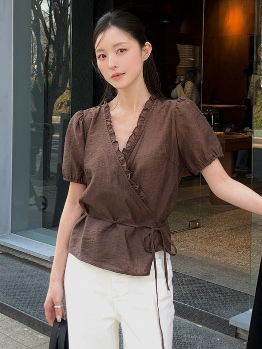 Tillidie Frill wrap blouse Brown