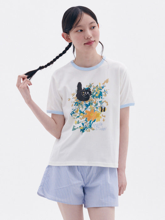 [ambler] Flower garden Crop Ringer T-Shirts ACR601 (Ivory)