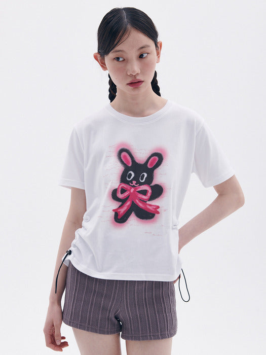 [ambler] Rabbit with ribbon Crop String T-Shirts ACR602 (White)