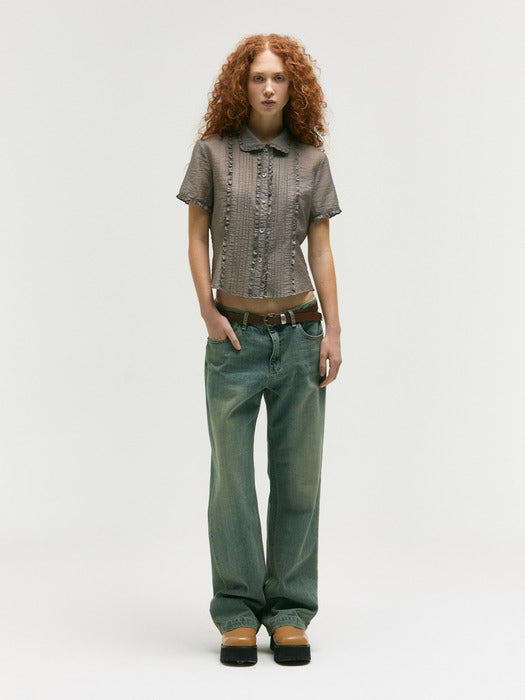 JACQUARD FRILL BLOUSE_dark grey