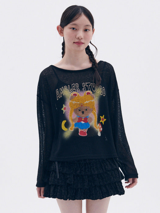 [ambler] Sailor Bear Sweater See-through Knitwear AKN603 (Black)
