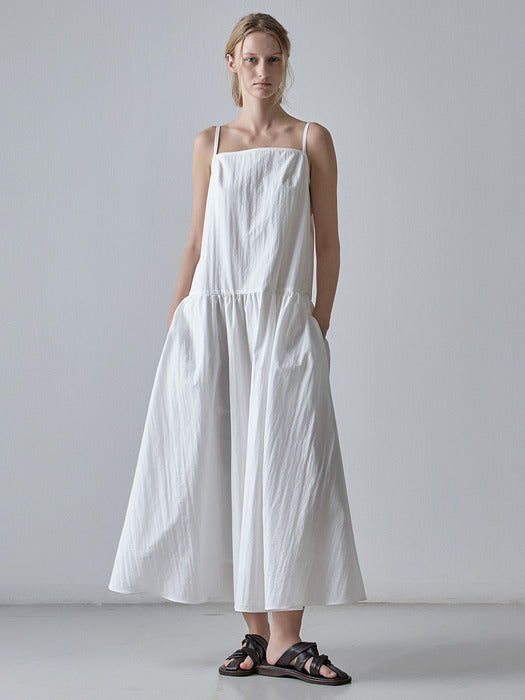 Square Neck Volume Sleeveless Dress - White