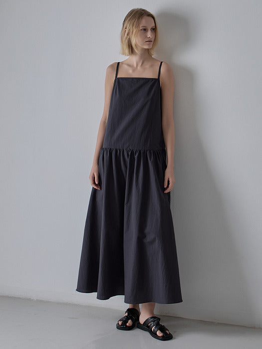 [facade pattern] Square Neck Volume Sleeveless Dress - Blue Charcoal